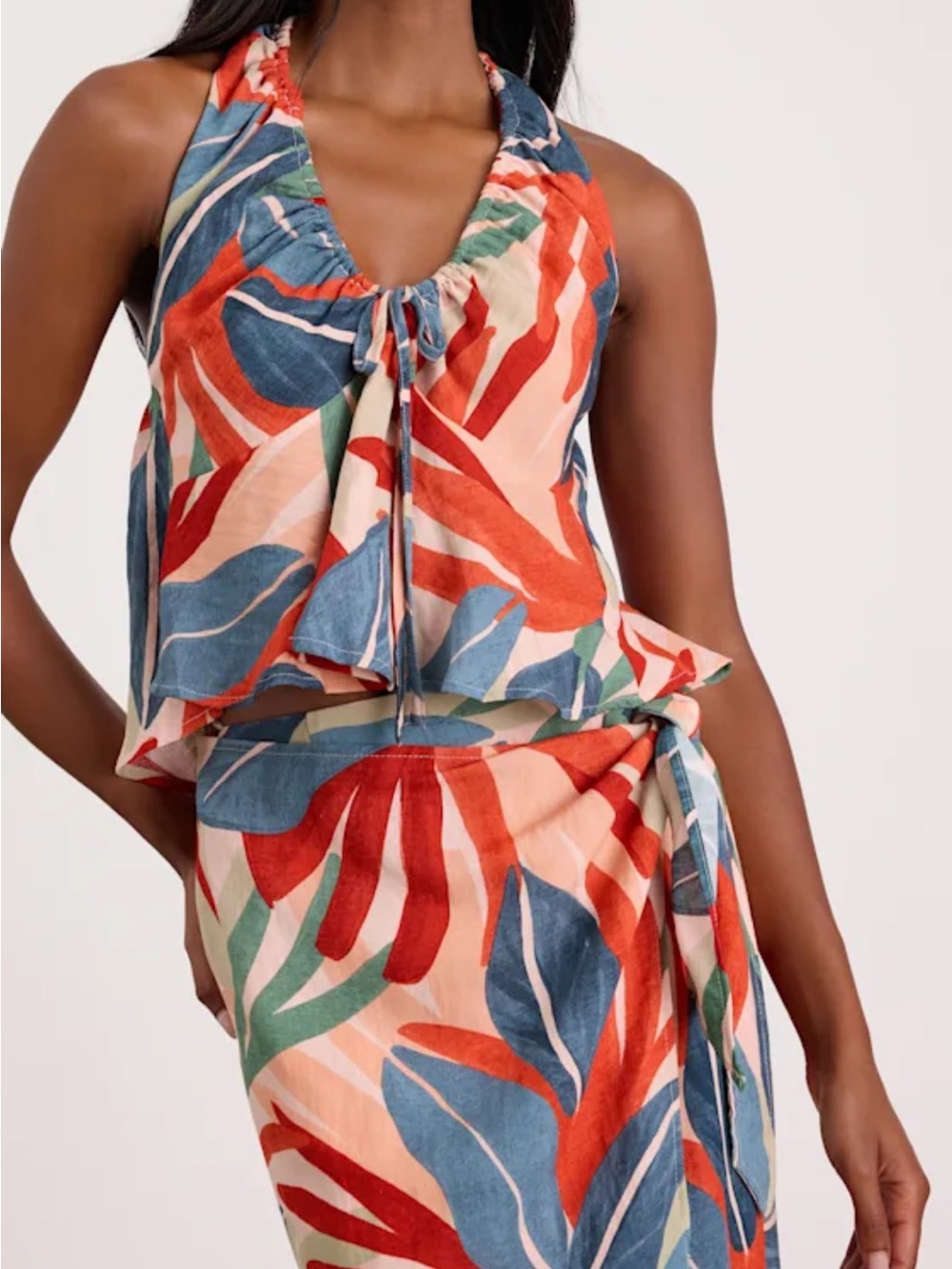 Blake Orange Multi Leaf Print Halter Tank Top
